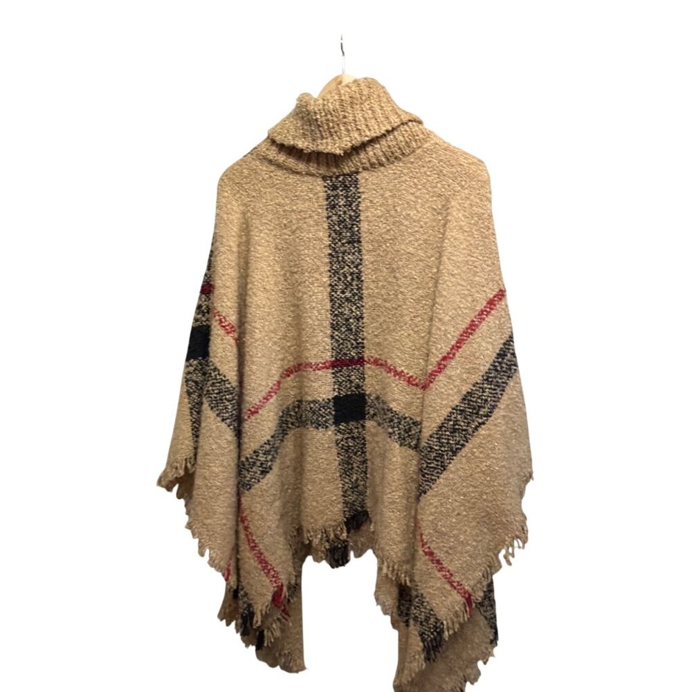 Plaid Knit Poncho With Cowl Neck Beige/Red/Black OS Old Money - Picture 5 of 6